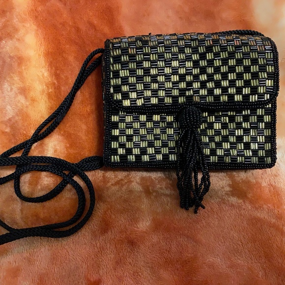 Magid Beaded Black and Gold Evening Bag with Beaded Tassel - Picture 3 of 15